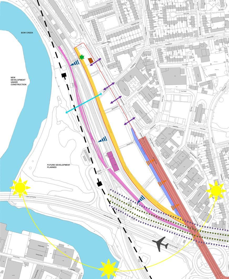 Escape stair from Canning Town Station to be retained Network sub-station Visual impact of Silvertown Way viaduct Traffic noise from Silvertown Way Sun path Possible access points from Silvertown