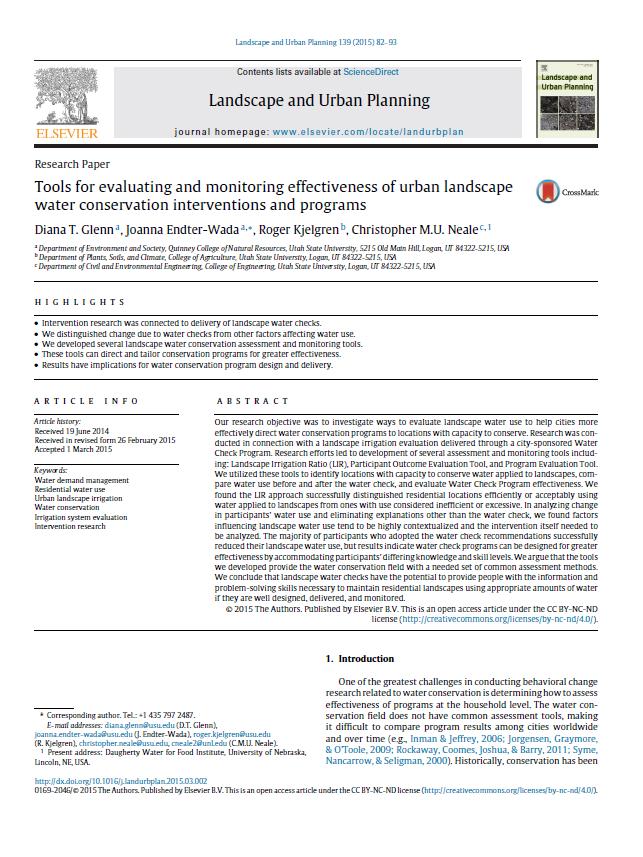 Interdisciplinary Research Team Coauthors Journal Article Joanna Endter-Wada Dept. of Environment and Society Water Law and Policy; Human Dimensions of Natural Resources Roger Kjelgren Dept.
