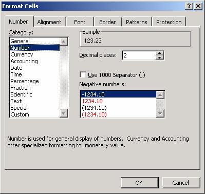 Formatų tvarkymo lango kortelė Number (Skaičius) skirta langelio duomenų tipui nurodyti (128 pav.). Paprastai jis būna General (Bendrasis), t.y. Excelis pats mėgina atspėti, kokio tipo duomenys yra langelyje.
