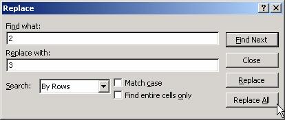 Jeigu domina tik tie langeliai, kurie tiksliai sutampa su ieškomu tekstu, pažymėkite Find entire cells only (Rasti tik užpildytus langelius). Pvz., 133 pav.