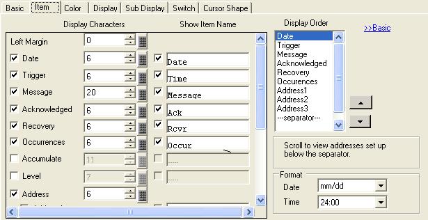 (3) Item Settings ) Open the base screen 6 and double-click the placed alarm. Select the [Item] tab.