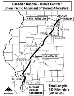 These routings are shown below: Source: Final Environmental Impact Statement Chicago St. Louis High-Speed Rail Project, FHWA-FRA, January 2003 The Chicago St.