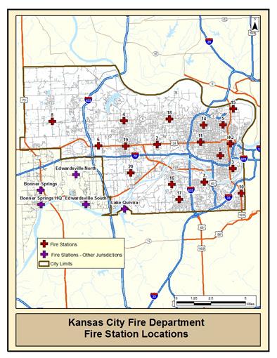 KCKFD Fire Stations The distribution of the 18 KCKFD fire stations is illustrated by MAP # 1, showing the clustering of 11 stations in the eastern third of the built-up UG area, the longer road