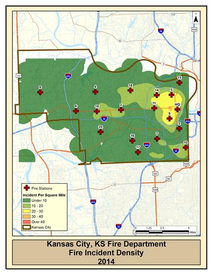 During the entire 12 months of 2014, no area serviced by KCKFD experienced fire incidents in excess of 50 per square mile, as illustrated on MAP #8 during the mandated Federal SAFER grant period for