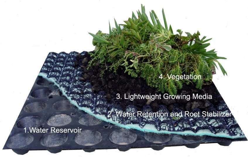 Unique Features: Green Living Roof Panels Water retention and conservation Water wicking properties Modularity and mat properties all in one Ability to adjust weight,