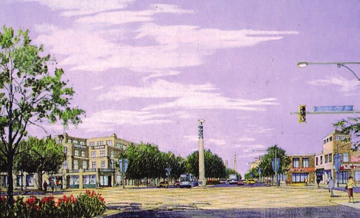 This perspective sketch of a suburban town center illustrates the low scale of buildings in relation to the the width of the streets and the height of the street trees.