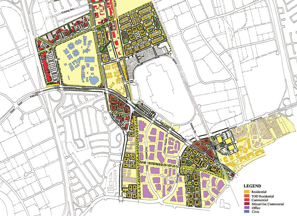 This plan illustrates a mixed-use infill development within an existing suburban community.