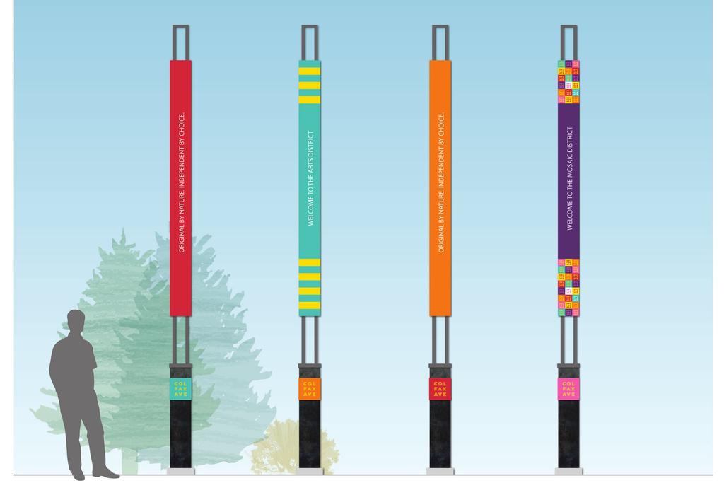 SIGN TYPE F: VERTICAL CHOPSTICKS Similar to the large scale Colfax type installation, these poles could be clustered in medians, pocket parks and other key