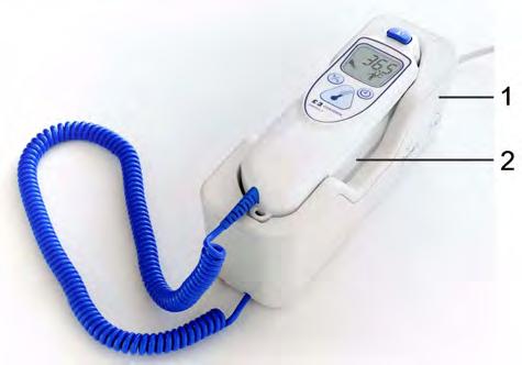 The thermometer is used with single-use probe covers for infection control during measurement.