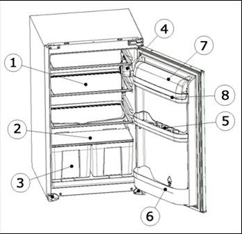 Description of the appliance 1. Refrigerator shelf 2. Crisper cover 3. Crisper 4.