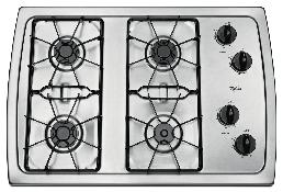 GAS COOKTOPS 30" Cooktop W3CG3014X CompleteClean system Dishwasher-safe grates Sealed burners HeatRight system 5,000 BTU AccuSimmer burner QuickSelect system Infinite heat controls Additional