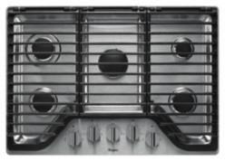 GAS COOKTOPS 30" Cooktop WCG97US0D CompleteClean system Dishwasher-safe, EZ-2-Lift hinged edge-to-edge cast-iron grates Dishwasher-safe stainless steel finish knobs Sealed burners Upswept SpillGuard