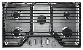 GAS COOKTOPS 36" Cooktop WCG97US6D CompleteClean system Dishwasher-safe, EZ-2-Lift hinged edge-to-edge cast-iron grates Dishwasher-safe stainless steel finish knobs 9.1K 9.