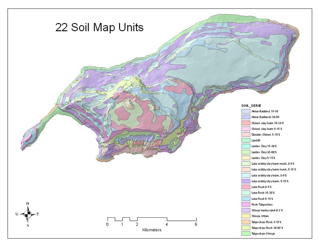 According to soil survey, the island of Rota has 22 map units identified by a soil series name and different slope characteristics.