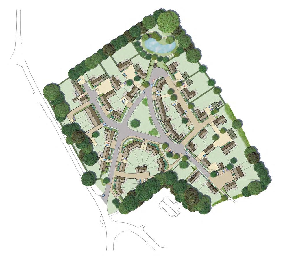detached houses, farm style groupings and public open space to periphery Open spaces include a community orchard, Village Green and play areas.