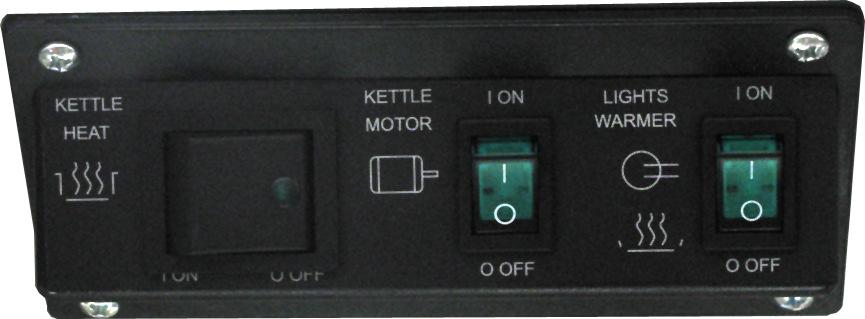 Controls and Their Functions Light & Warmer Switch This switch operates the overhead light and corn deck freshener heat element. Kettle Motor Switch This switch operates the popcorn agitator shaft.