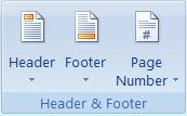 Pasirinkę skirtuko Insert komandų grupę Header & Footer susitvarkysite lapų antraštes ir poraštes, SUNUMERUOSITE PUSLAP IUS (Page Number): Puslapio viršuje Puslapio apačioje Puslapio kairėje ar