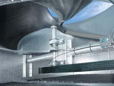 The fan is one-piece molded heavy duty FRP construction utilizing a forward swept blade design.