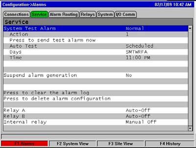 Configuration -> Alarms SERVICE Once the central alarm routing has been defined (under Alarm Routing tab) the service tab can be used to trigger test alarms and suspend alarm generation (for service