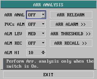 10.6.3 Arrhythmia Analysis Menu Select ARR ANALYSIS >> in ECG SETUP menu. The following menu appears. The menu items vary with the algorithm packages.