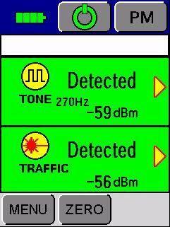 3.Display of OFI-BIPM Identifier mode *In case ONU detection is off Battery level Measurement result of a tone signal Measurement result of traffic light Power Change to Power Meter mode Description