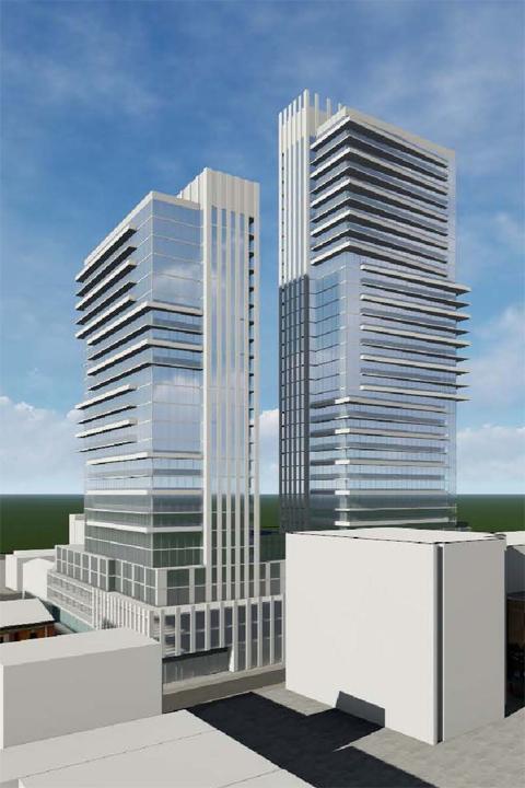 Figure 1.12 Rendering of a view of the 3-storey podium and the lower portion of Tower-A at the intersection of Hughson and King William Street (looking East).