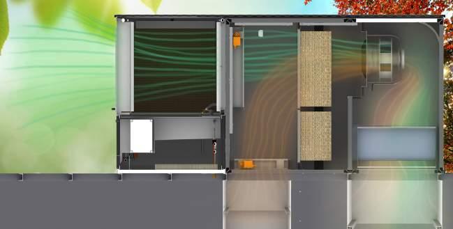 External air is brought into the internal space from roof level over a special cooling medium and supplied to the room. A CoolStream R system is shown in these illustrations.