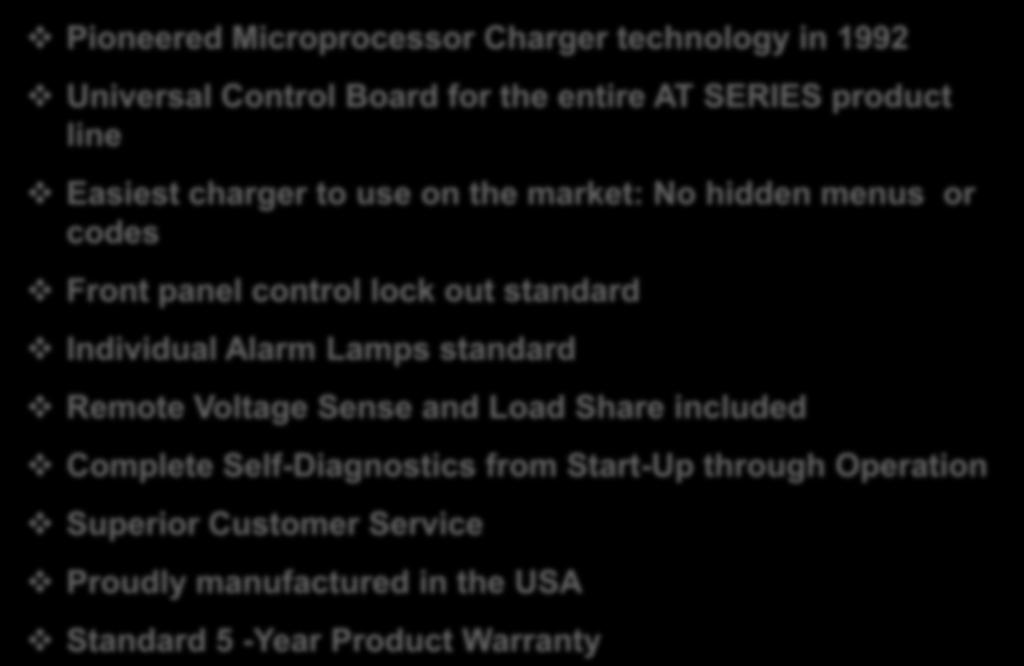 The HindlePower Microprocessor Pioneered Microprocessor Advantage Charger technology in 1992 Universal Control Board for the entire AT SERIES product line Easiest charger to use on the market: No