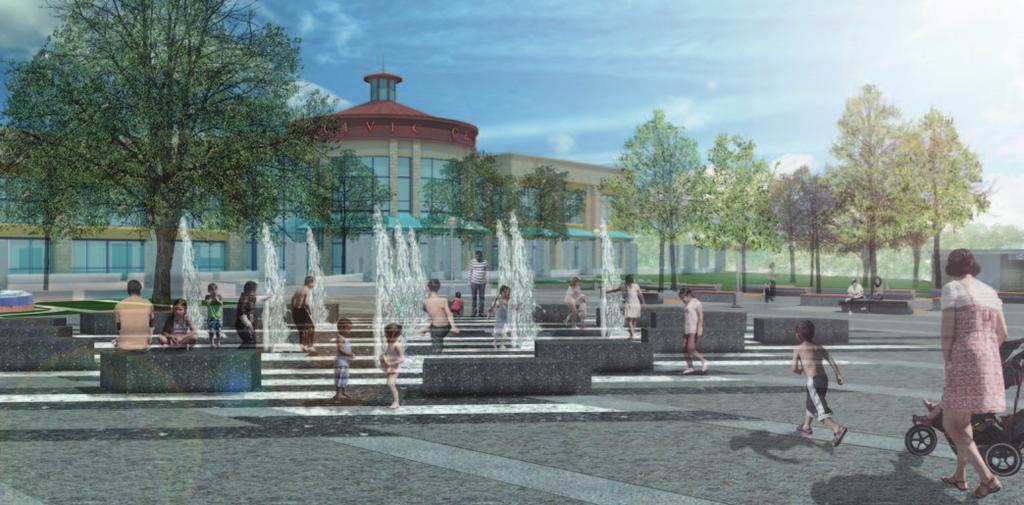 In addition to a shaded stage for special events, the Town Square has an interactive fountain, a rain garden,