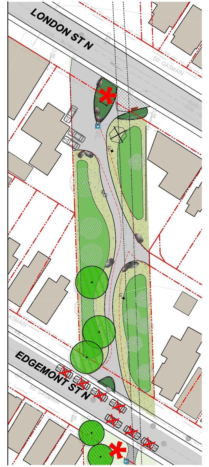 PROPOSED IMPROVEMENTS CREATE A SEPARATE PEDESTRIAN ENTRANCE MOW STRIP DECORATIVE PRIVACY FENCING EXISTING CONDITIONS (DASHED RED LINE) Parking Recommendations REMOVED DISEASED TREE SOD
