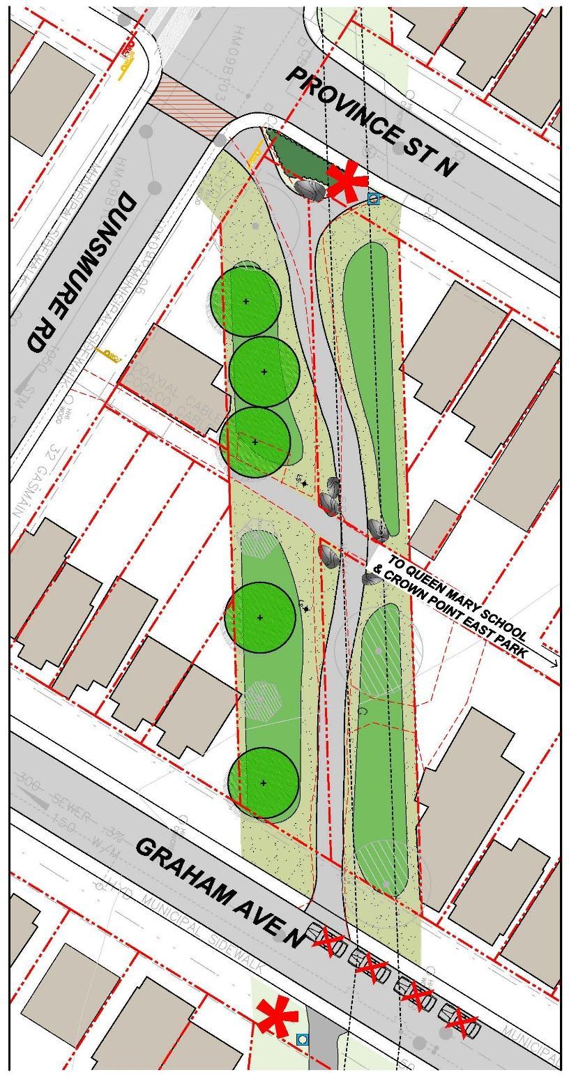 PROPOSED IMPROVEMENTS PLANTING & WAYFINDING ELEMENT EXISTING SEAT ROCK MOW STRIP EXISTING CONDITIONS (RED LINE) EXISTING TREES SOD