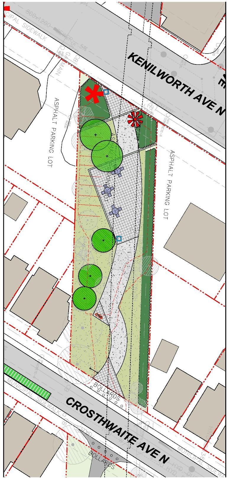 PROPOSED IMPROVEMENTS: Pedestrian Node HEDGE PLANTING EXISTING TREES EXISTING CONDITIONS BIKE RACKS/ BARRIER PIPELINE SOD PROPOSED TREES