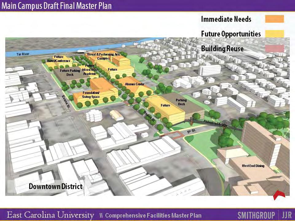 The Downtown District of the Main Campus: 1. This district will work with the urban fabric of Downtown Greenville on existing ECU property. 2.