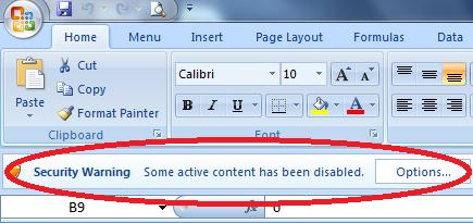 Atkreiptinas dėmesys į MS Excel 2007 saugumo pranešimą. Pasirodžius pastabai paspaudžiamas mygtukas Options... ir parenkamas Enable this content.