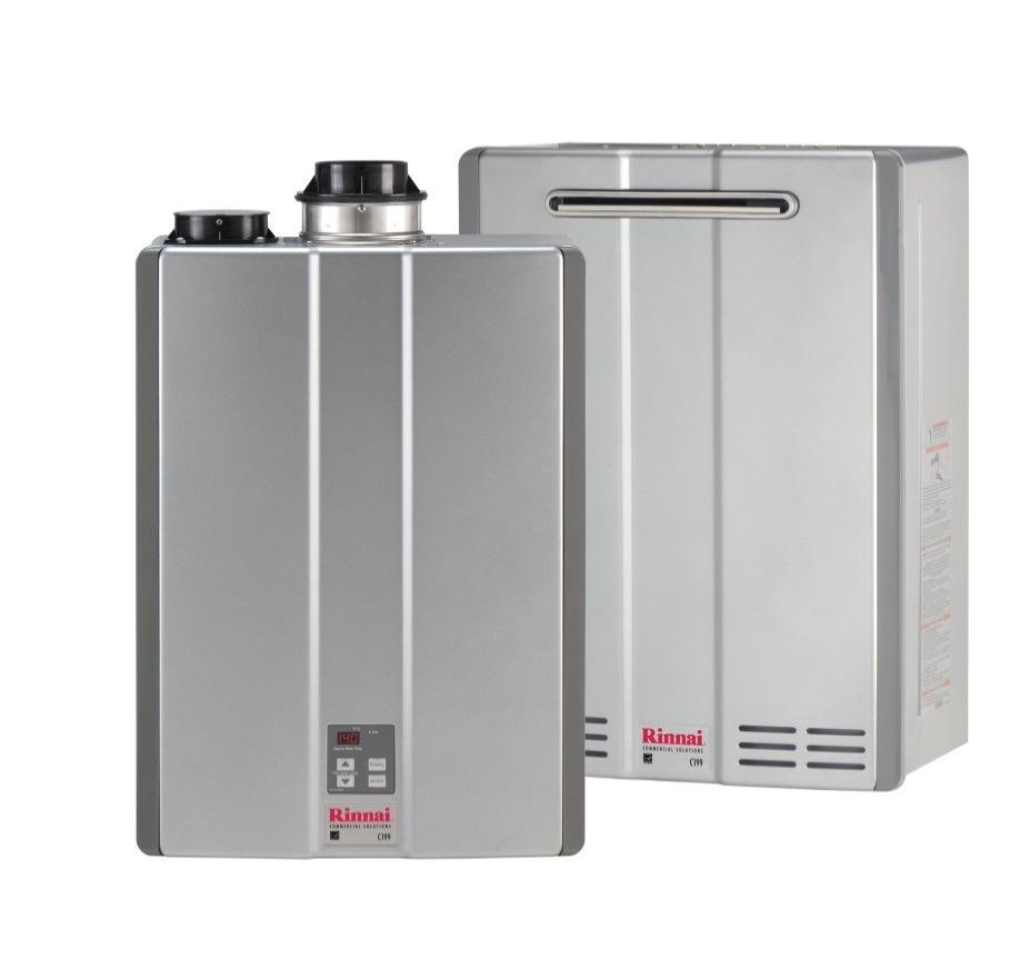 COMMERCIAL SERIES CONDENSING TANKLESS WATER HEATERS Rinnai Commercial Condensing Tankless Water Heaters C199 Benefits: Commercial Energy Star qualified - 96% Thermal Efficiency Endless supply of hot