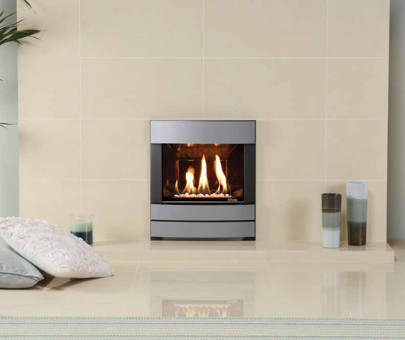 Logic HE Conventional flue 12 Logic HE Conventional flue fire, white stone fuel bed and Progress complete front. Also shown: Strasbourg Cream fireplace surround tiles (available from Gazco).