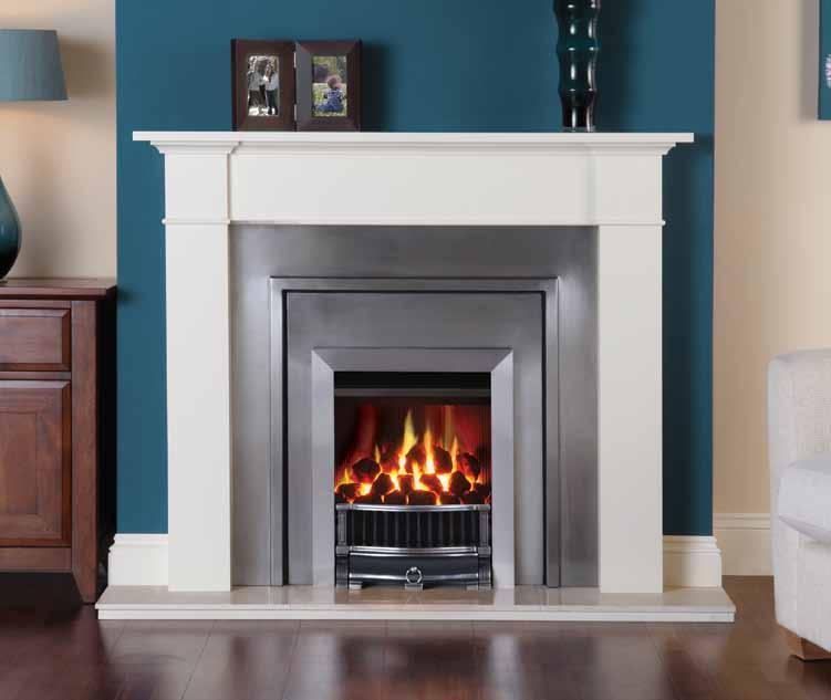 Riva2 1050 BF in Graphite Limestone Sorrento frame Logic Convector fire, coal fuel bed and Highlight Polished Holyrood front with Brushed Steel-effect Box Profil frame.