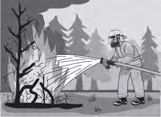 (c) The picture shows a fire fighter putting out a forest fire. The fire fighter s clothing has thick thermal padding inside and a light coloured, fire proof, shiny layer outside.