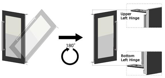3) Rotate the door 180 (upside down). 4) Screw the 8 screws of the upper left hinge and bottom left hinge tightly to fix the door in place.