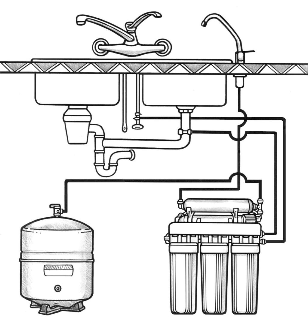 System and Faucet Diagrams Long Reach Drinking Faucet Cold water feed supply Storage Tank 1/4" tubing to tank Stage 5: Carbon Postfilter optional Stage 4: TFC Membrane Drain Connector 1/4 or 3/8
