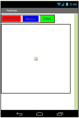 Spalvų keitimo mygtukai Dizainerio lange Palette/Layout skiltyje pasirenkamas objektas HorizontalArrangement ir įkeliamas virš piešimo srities Palette/User Interface pasirenkamas objektas Button ir