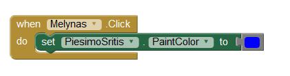 Spalvų keitimo mygtukų konfigūravimas Pereinama į blokų redaktoriaus Blocks langą Blocks skiltyje pažymimas mygtuko objektas Raudonas ir pasirenkamas blokas when Raudonas Click do Pažymimas objektas
