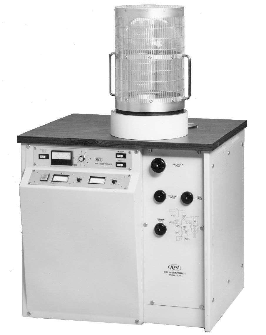 High Vacuum Evaporator MODEL KV-301 3" stainless steel pumping system operates at 2 x -7 Torr or better 8 hour low loss liquid nitrogen trap 14" diameter stainless steel base plate 12" diameter x 18"