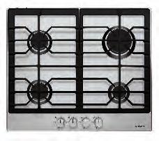 This stainless steel gas hob features 2-piece cast iron pan supports and includes 1 simmer, 1 rapid and 2 standard burners.