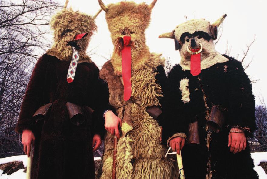 Kitos kultūros Kurentai su uodegomis iš artojų grupės Halozės miestelyje. Alešo Gačniko nuotraukos. Marjanović 1986 1987 = V.