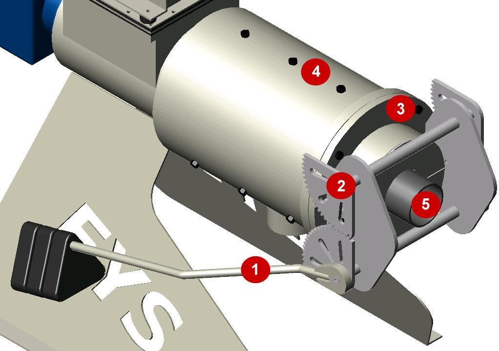 1. Remove all weights (the three pieces at the end of each arm [1] ), 2. Do not unscrew the bolts which fix the mouth weight system. 3. Unscrew the four mouth-flange bolts and remove the mouthpiece.