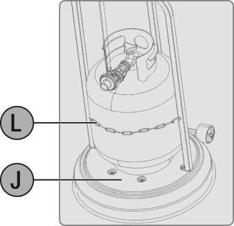 Move the propane tank onto base of the heater. Secure the propane tank by attaching the chain to the post supports. Lower the tank housing. Note: Only use a standard 20 lb.