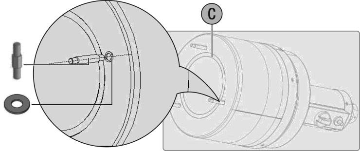 Step 6: Insert the tank housing (D) onto the upper post and lower