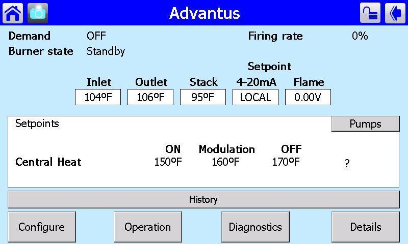 Figure 31: Home Screen Parameter Demand Burner State Firing Rate Fan Speed Inlet Outlet Stack DHW Header Outdoor Button Configure Operation Diagnostics Details Description Central Heating (AVH)