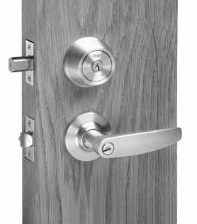 Outside lever unlocked by key from outside when locked by turn button on inside lever.  Latch automatically deadlocks when door is closed.